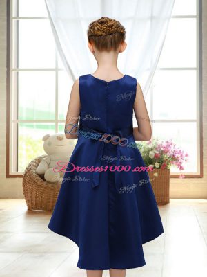 Satin Scoop Sleeveless Zipper Lace and Bowknot Toddler Flower Girl Dress in Navy Blue