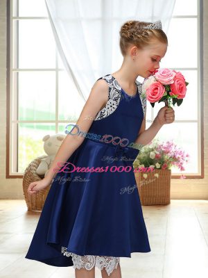 Satin Scoop Sleeveless Zipper Lace and Bowknot Toddler Flower Girl Dress in Navy Blue