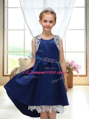 Satin Scoop Sleeveless Zipper Lace and Bowknot Toddler Flower Girl Dress in Navy Blue