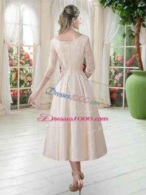 Glamorous Scoop 3 4 Length Sleeve Tea Length Lace Champagne Satin