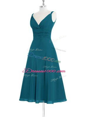 Comfortable Knee Length Zipper Teal for Prom and Party and Military Ball and Wedding Party with Ruching