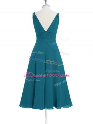 Comfortable Knee Length Zipper Teal for Prom and Party and Military Ball and Wedding Party with Ruching