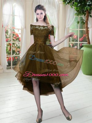 Nice Brown Tulle Lace Up Off The Shoulder Short Sleeves High Low Homecoming Dress Lace