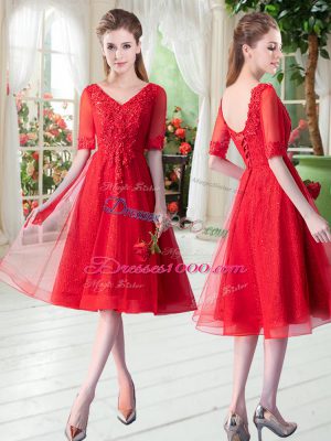 Most Popular Red V-neck Neckline Beading and Appliques Prom Evening Gown Half Sleeves Lace Up