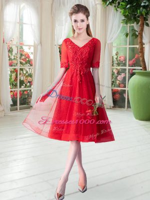 Most Popular Red V-neck Neckline Beading and Appliques Prom Evening Gown Half Sleeves Lace Up