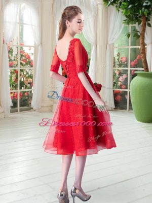 Most Popular Red V-neck Neckline Beading and Appliques Prom Evening Gown Half Sleeves Lace Up