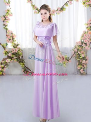 Lavender Empire Appliques Wedding Guest Dresses Zipper Chiffon Short Sleeves Floor Length