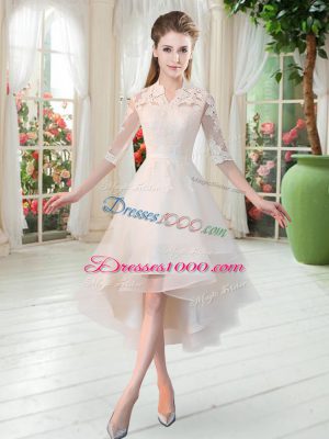 Simple High-neck Half Sleeves Tulle Prom Dress Appliques Zipper