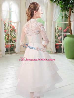 Simple High-neck Half Sleeves Tulle Prom Dress Appliques Zipper