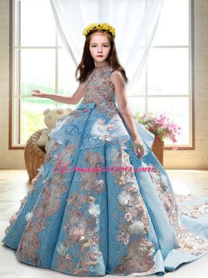 Sleeveless Appliques Backless Child Pageant Dress with Blue Court Train