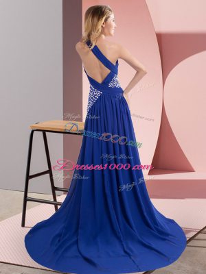 New Style Sleeveless Chiffon Sweep Train Backless Dress for Prom in Royal Blue with Beading and Ruching