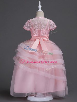 Modest Baby Pink Ball Gowns Appliques Flower Girl Dresses Zipper Tulle Sleeveless Floor Length