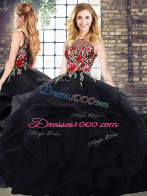 Black Ball Gowns Beading and Embroidery 15th Birthday Dress Lace Up Tulle Sleeveless Floor Length