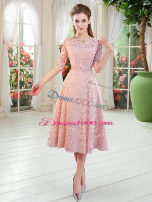 Stunning Pink Lace Zipper Off The Shoulder Half Sleeves Tea Length Prom Gown Beading