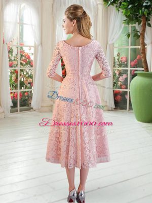 Stunning Pink Lace Zipper Off The Shoulder Half Sleeves Tea Length Prom Gown Beading