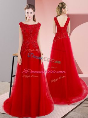 Bateau Sleeveless Homecoming Dress Sweep Train Beading and Appliques Red Tulle
