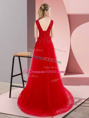 Bateau Sleeveless Homecoming Dress Sweep Train Beading and Appliques Red Tulle