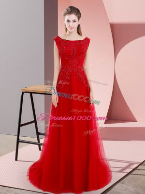 Bateau Sleeveless Homecoming Dress Sweep Train Beading and Appliques Red Tulle