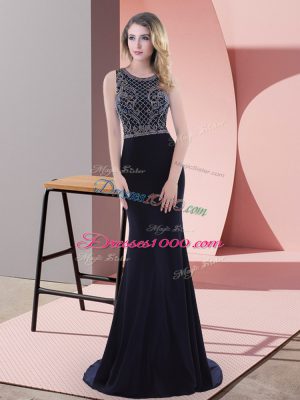 Luxurious Navy Blue Mermaid Chiffon Scoop Sleeveless Beading and Lace Zipper Prom Gown Sweep Train