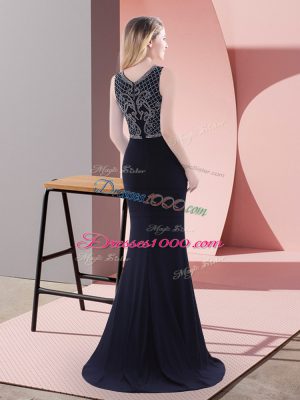 Luxurious Navy Blue Mermaid Chiffon Scoop Sleeveless Beading and Lace Zipper Prom Gown Sweep Train