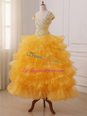 Sleeveless Organza Floor Length Lace Up Winning Pageant Gowns in Gold with Beading and Ruffled Layers