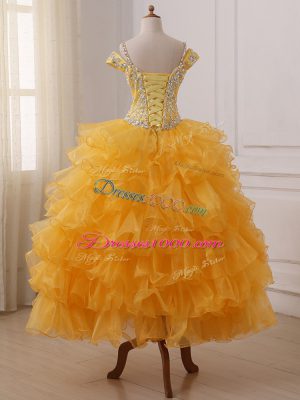 Sleeveless Organza Floor Length Lace Up Winning Pageant Gowns in Gold with Beading and Ruffled Layers