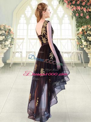 Custom Designed Appliques Prom Gown Black Lace Up Cap Sleeves High Low