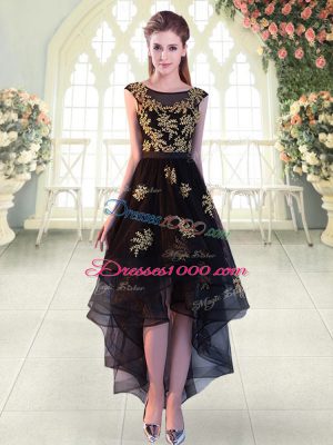 Custom Designed Appliques Prom Gown Black Lace Up Cap Sleeves High Low