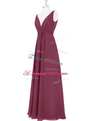 High End Empire Prom Gown Burgundy V-neck Chiffon Sleeveless Floor Length Backless