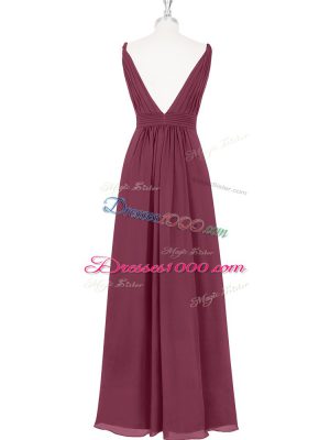 High End Empire Prom Gown Burgundy V-neck Chiffon Sleeveless Floor Length Backless