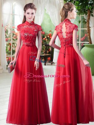 Top Selling Floor Length Lace Up Red for Prom with Appliques