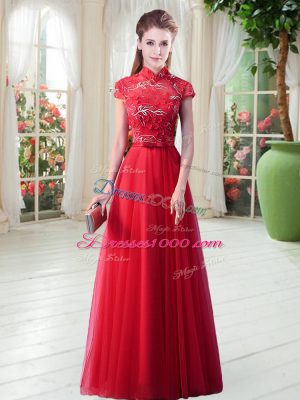 Top Selling Floor Length Lace Up Red for Prom with Appliques