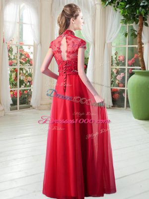 Top Selling Floor Length Lace Up Red for Prom with Appliques