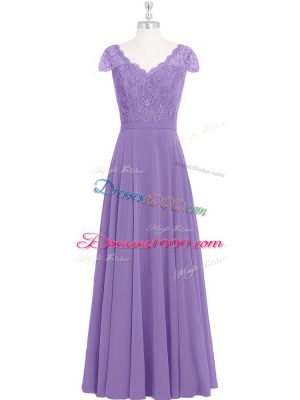 Dynamic Floor Length Lavender Prom Dress Chiffon Cap Sleeves Lace