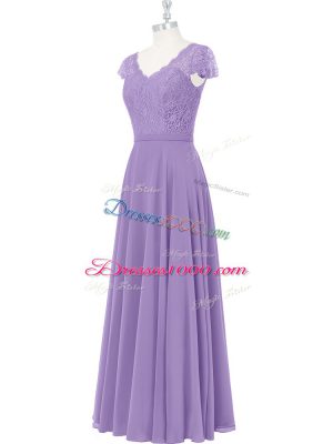 Dynamic Floor Length Lavender Prom Dress Chiffon Cap Sleeves Lace