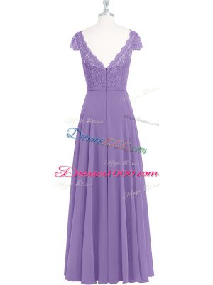 Dynamic Floor Length Lavender Prom Dress Chiffon Cap Sleeves Lace