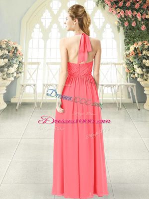 Flare Empire Dress for Prom Watermelon Red Halter Top Chiffon Sleeveless Floor Length Zipper