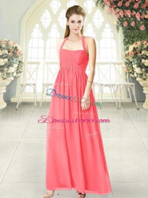 Flare Empire Dress for Prom Watermelon Red Halter Top Chiffon Sleeveless Floor Length Zipper