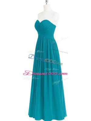 Teal A-line Chiffon Sweetheart Sleeveless Ruching Floor Length Zipper Prom Dress