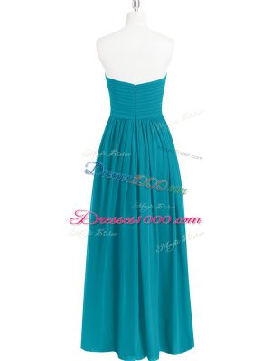 Teal A-line Chiffon Sweetheart Sleeveless Ruching Floor Length Zipper Prom Dress