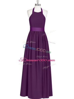 Extravagant Floor Length Eggplant Purple Prom Party Dress Halter Top Sleeveless Zipper
