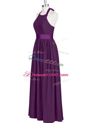 Extravagant Floor Length Eggplant Purple Prom Party Dress Halter Top Sleeveless Zipper