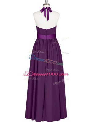 Extravagant Floor Length Eggplant Purple Prom Party Dress Halter Top Sleeveless Zipper