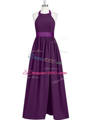 Extravagant Floor Length Eggplant Purple Prom Party Dress Halter Top Sleeveless Zipper