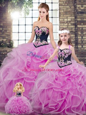 Luxurious Lilac Sweetheart Neckline Embroidery and Ruffles Quinceanera Gowns Sleeveless Lace Up
