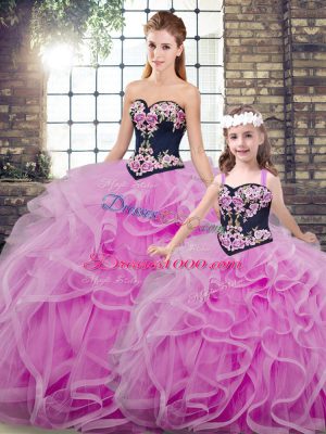 Luxurious Lilac Sweetheart Neckline Embroidery and Ruffles Quinceanera Gowns Sleeveless Lace Up