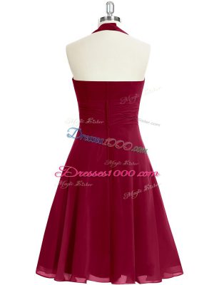 Elegant Burgundy Chiffon Zipper Halter Top Sleeveless Knee Length Party Dress for Girls Ruching