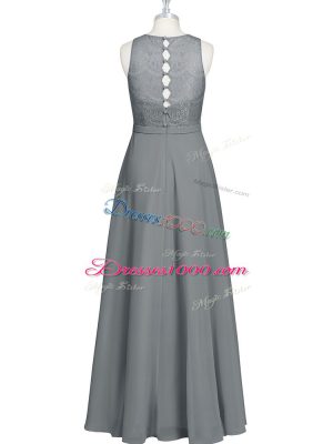 New Arrival Lace and Appliques and Belt Prom Dresses Grey Zipper Sleeveless Floor Length