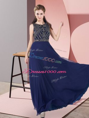 Navy Blue Scoop Neckline Beading Prom Dresses Sleeveless Zipper