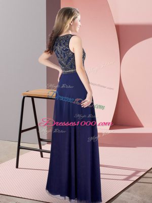 Navy Blue Scoop Neckline Beading Prom Dresses Sleeveless Zipper